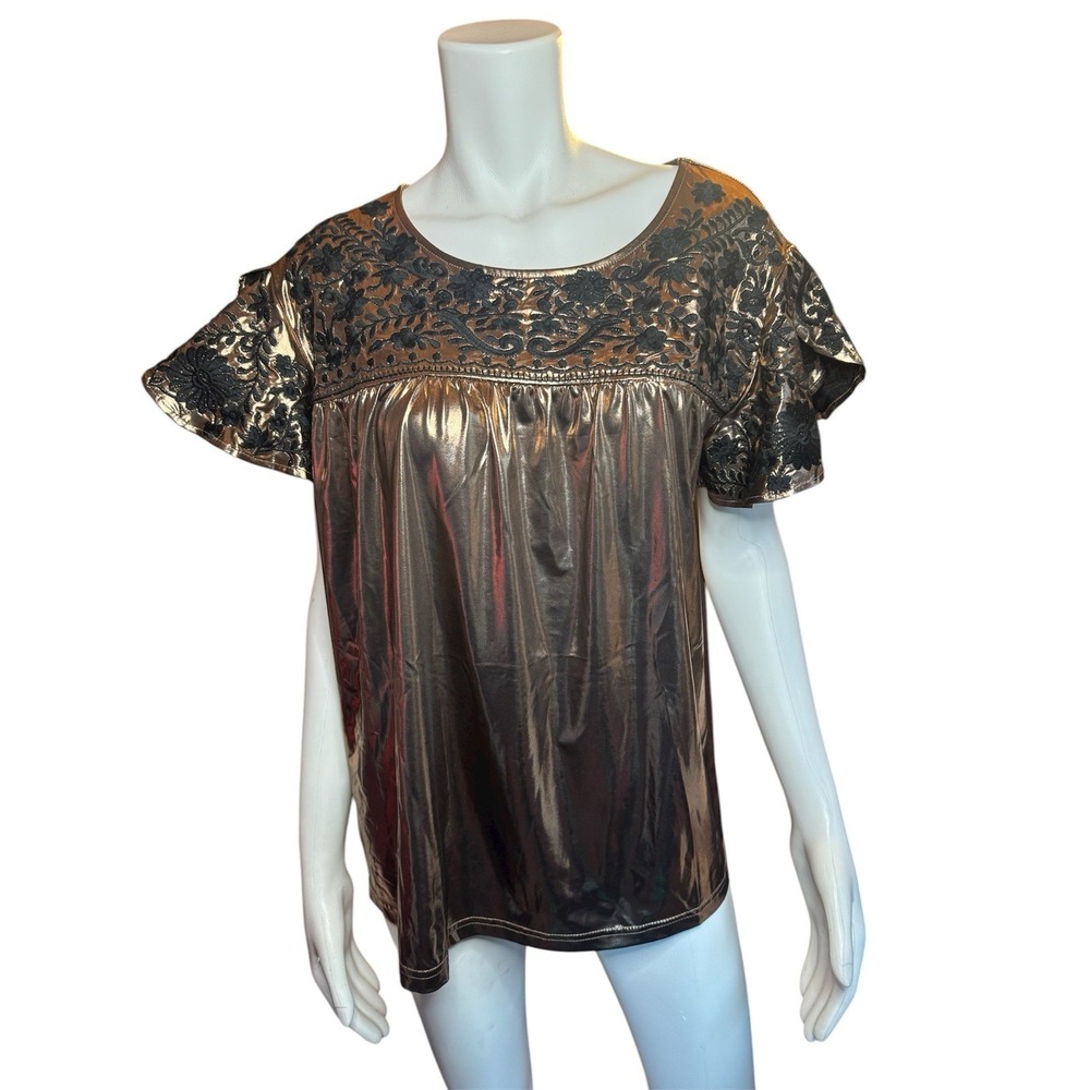Womens Layers Top Boho Embroidered Size Medium Blouse Gold Stretch Party Holiday